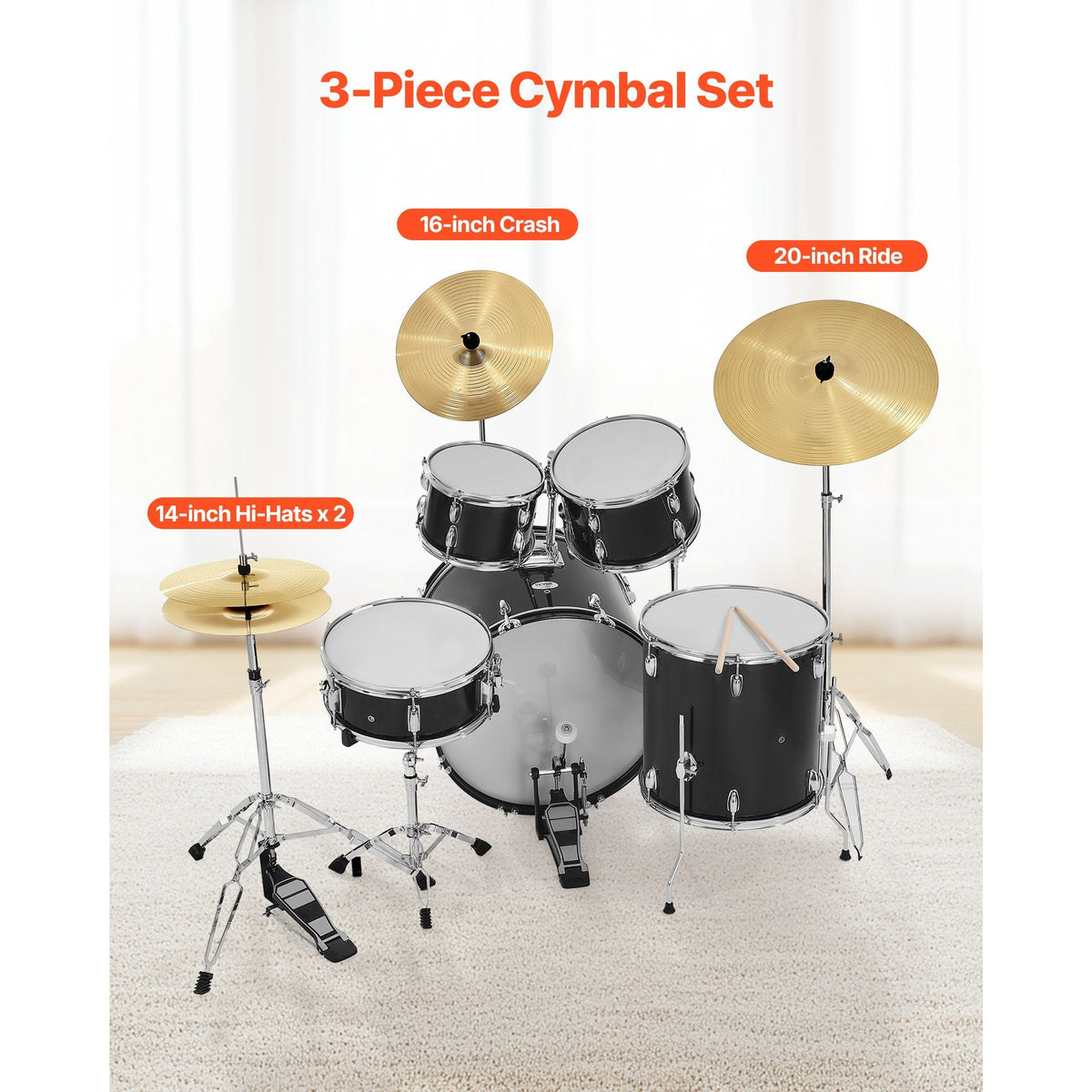 Cymbal Pack, 3 Pieces Cymbals for Drum Set, Alloy Cymbals Drum Set Includes 14-inch Hi-Hats, 16-inch Crash, 20-inch Ride, Drumsticks & Cymbal Bag, Alloy Cymbal Pack for Drummer, Bright Copper