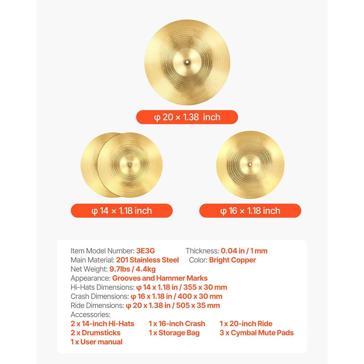 Cymbal Pack, 3 Pieces Cymbals for Drum Set, Alloy Cymbals Drum Set Includes 14-inch Hi-Hats, 16-inch Crash, 20-inch Ride, Drumsticks & Cymbal Bag, Alloy Cymbal Pack for Drummer, Bright Copper