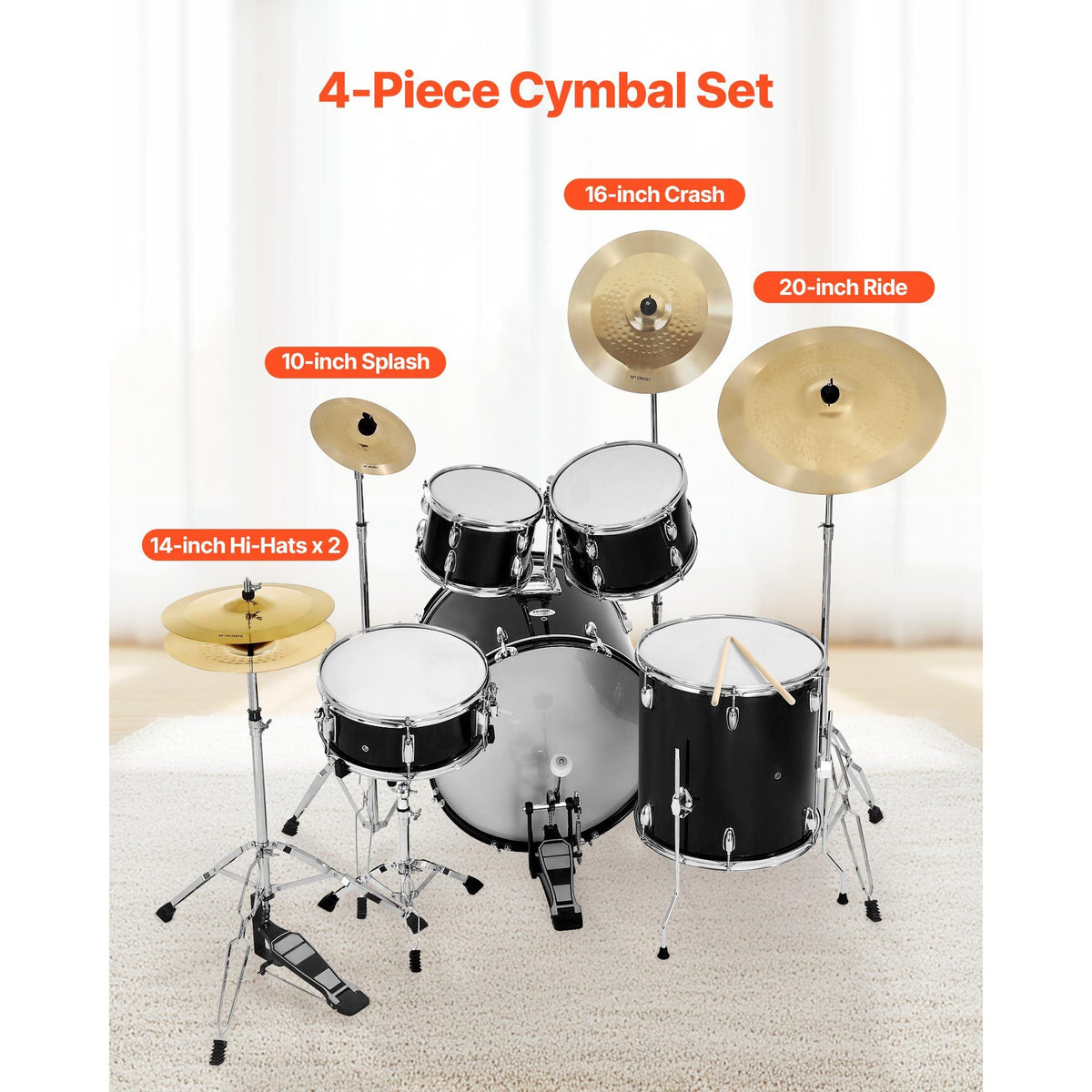Cymbal Pack, 4 Pieces Cymbals for Drum Set, Alloy Cymbals Drum Set Includes 14-inch Hi-Hats, 16-inch Crash, 20-inch Ride, 10-inch Splash, Drumsticks & Cymbal Bag, Alloy Cymbal Pack for Drummer