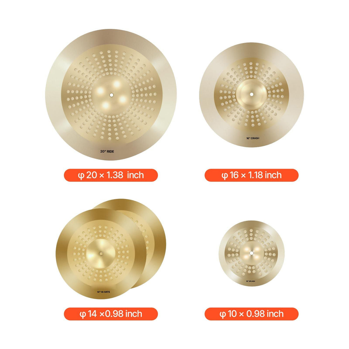 Cymbal Pack, 4 Pieces Cymbals for Drum Set, Alloy Cymbals Drum Set Includes 14-inch Hi-Hats, 16-inch Crash, 20-inch Ride, 10-inch Splash, Drumsticks & Cymbal Bag, Alloy Cymbal Pack for Drummer
