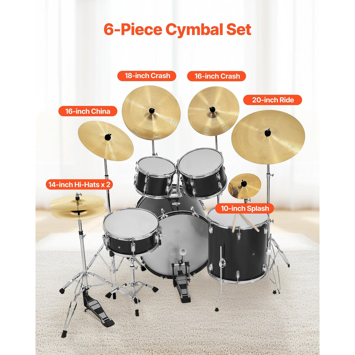 Cymbal Pack, 6 Pieces Cymbals for Drum Set, Alloy Cymbals Drum Set Includes 14-inch Hi-Hats, 16-inch Crash, 18-inch Crash, 20-inch Ride, 10-inch Splash, 16-inch China, Drumsticks & Cymbal Bag