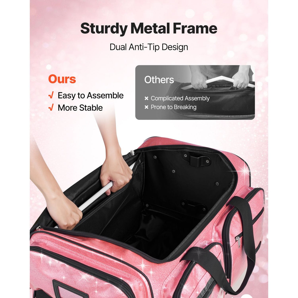 Dance Bag with Garment Rack, 23 Inch Rolling Dance Duffel, with Wheels, USB Port, Height Adjustable Clothes Rack, Privacy Protection Curtain, Ideal for Travel and Competitions, Sparkling Pink