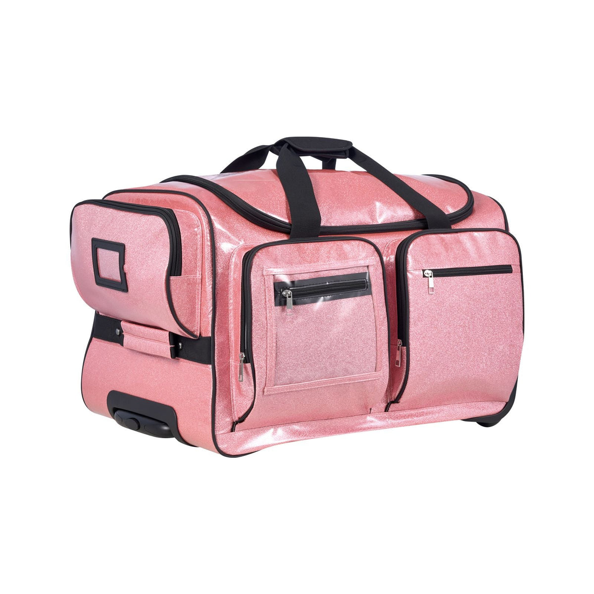 Dance Bag with Garment Rack, 23 Inch Rolling Dance Duffel, with Wheels, USB Port, Height Adjustable Clothes Rack, Privacy Protection Curtain, Ideal for Travel and Competitions, Sparkling Pink