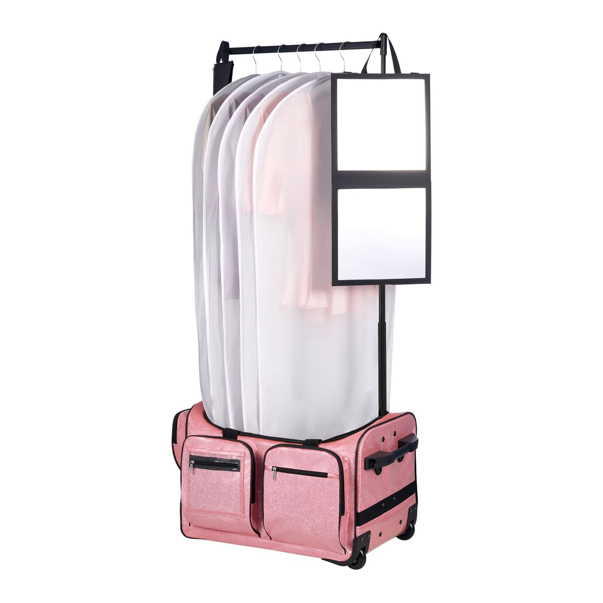 Dance Bag with Garment Rack, 23 Inch Rolling Dance Duffel, with Wheels, USB Port, Height Adjustable Clothes Rack, Privacy Protection Curtain, Ideal for Travel and Competitions, Sparkling Pink