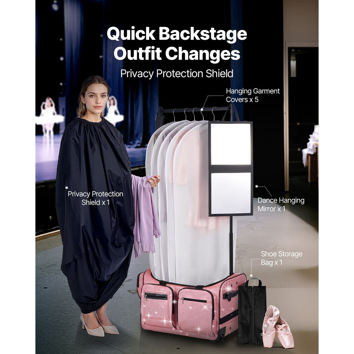 Dance Bag with Garment Rack, 23 Inch Rolling Dance Duffel, with Wheels, USB Port, Height Adjustable Clothes Rack, Privacy Protection Curtain, Ideal for Travel and Competitions, Sparkling Pink
