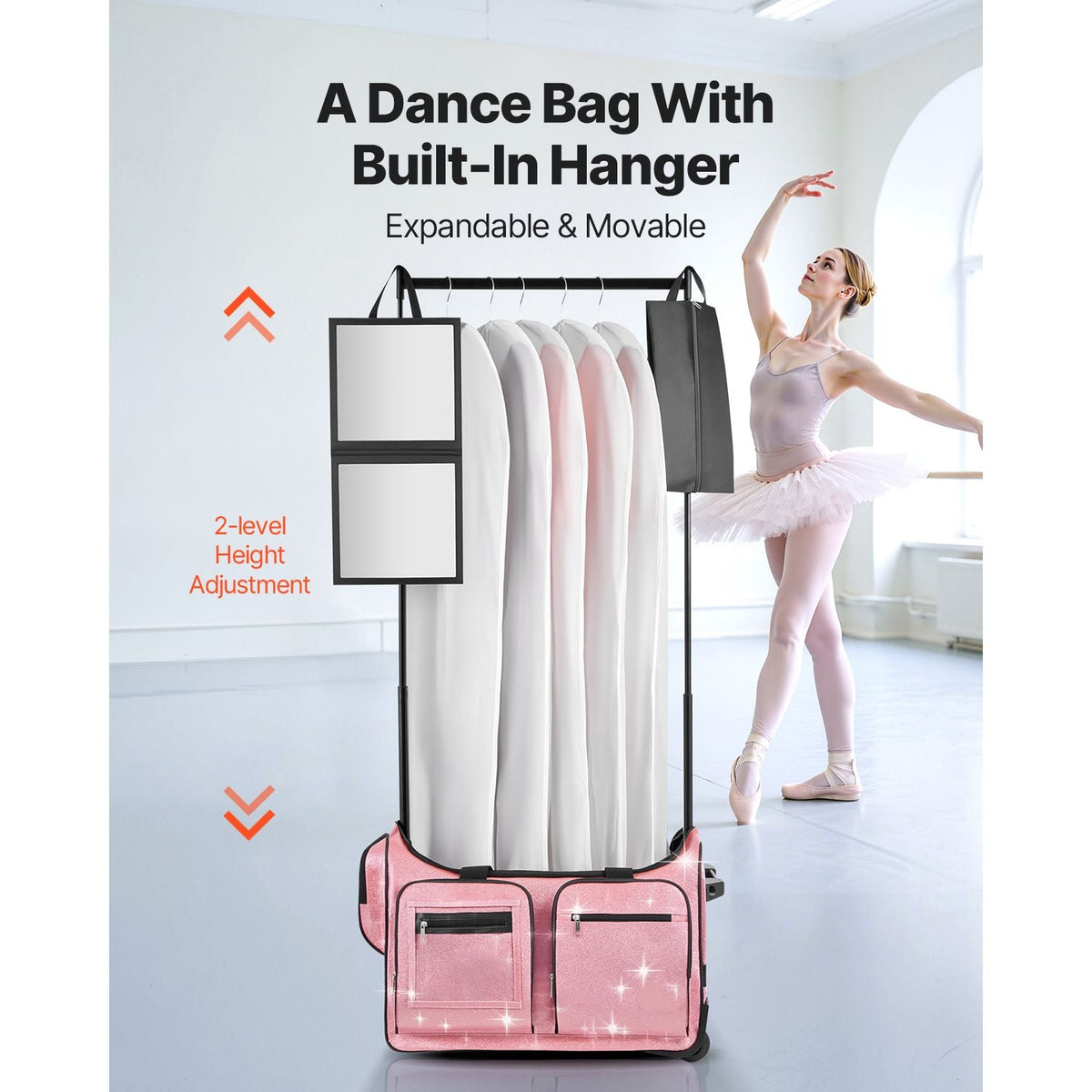 Dance Bag with Garment Rack, 23 Inch Rolling Dance Duffel, with Wheels, USB Port, Height Adjustable Clothes Rack, Privacy Protection Curtain, Ideal for Travel and Competitions, Sparkling Pink