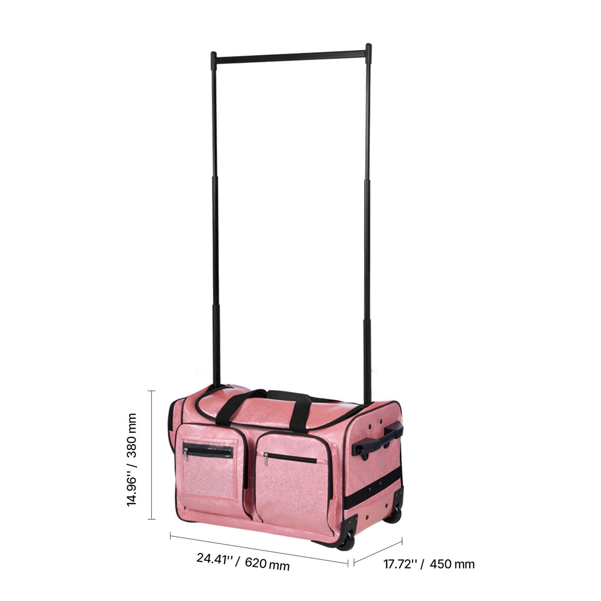 Dance Bag with Garment Rack, 23 Inch Rolling Dance Duffel, with Wheels, USB Port, Height Adjustable Clothes Rack, Privacy Protection Curtain, Ideal for Travel and Competitions, Sparkling Pink