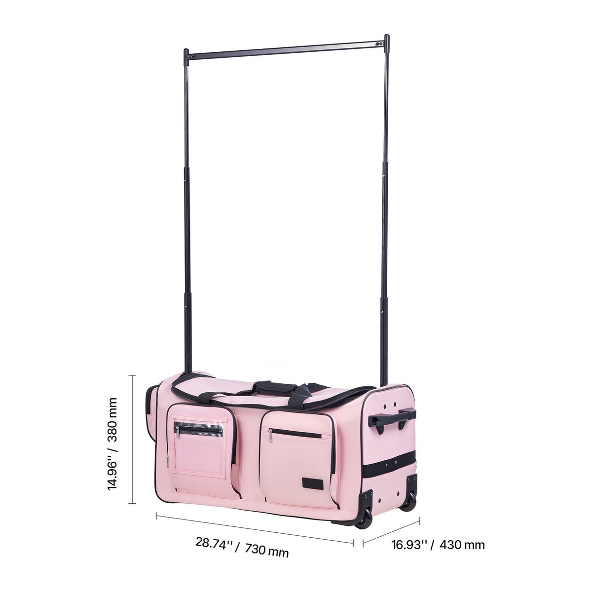 Dance Bag with Garment Rack, 29 Inch Rolling Dance Duffel, with Wheels, Height Adjustable Clothes Rack, USB Port, Privacy Protection Curtain, Ideal for Travel and Competitions, Matte Pink