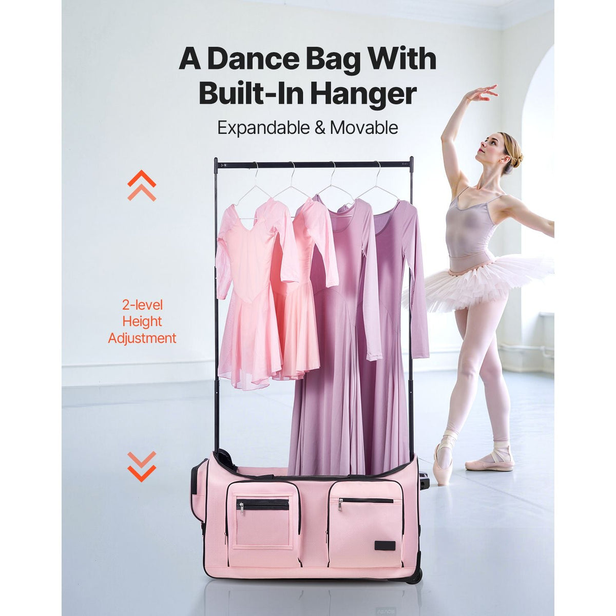 Dance Bag with Garment Rack, 29 Inch Rolling Dance Duffel, with Wheels, Height Adjustable Clothes Rack, USB Port, Privacy Protection Curtain, Ideal for Travel and Competitions, Matte Pink