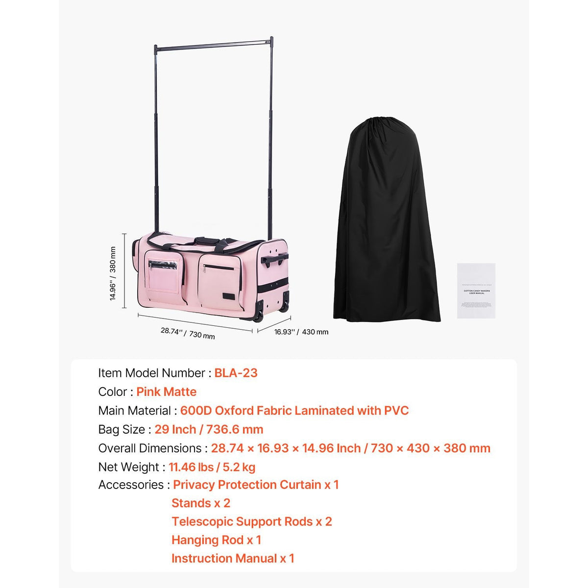 Dance Bag with Garment Rack, 29 Inch Rolling Dance Duffel, with Wheels, Height Adjustable Clothes Rack, USB Port, Privacy Protection Curtain, Ideal for Travel and Competitions, Matte Pink