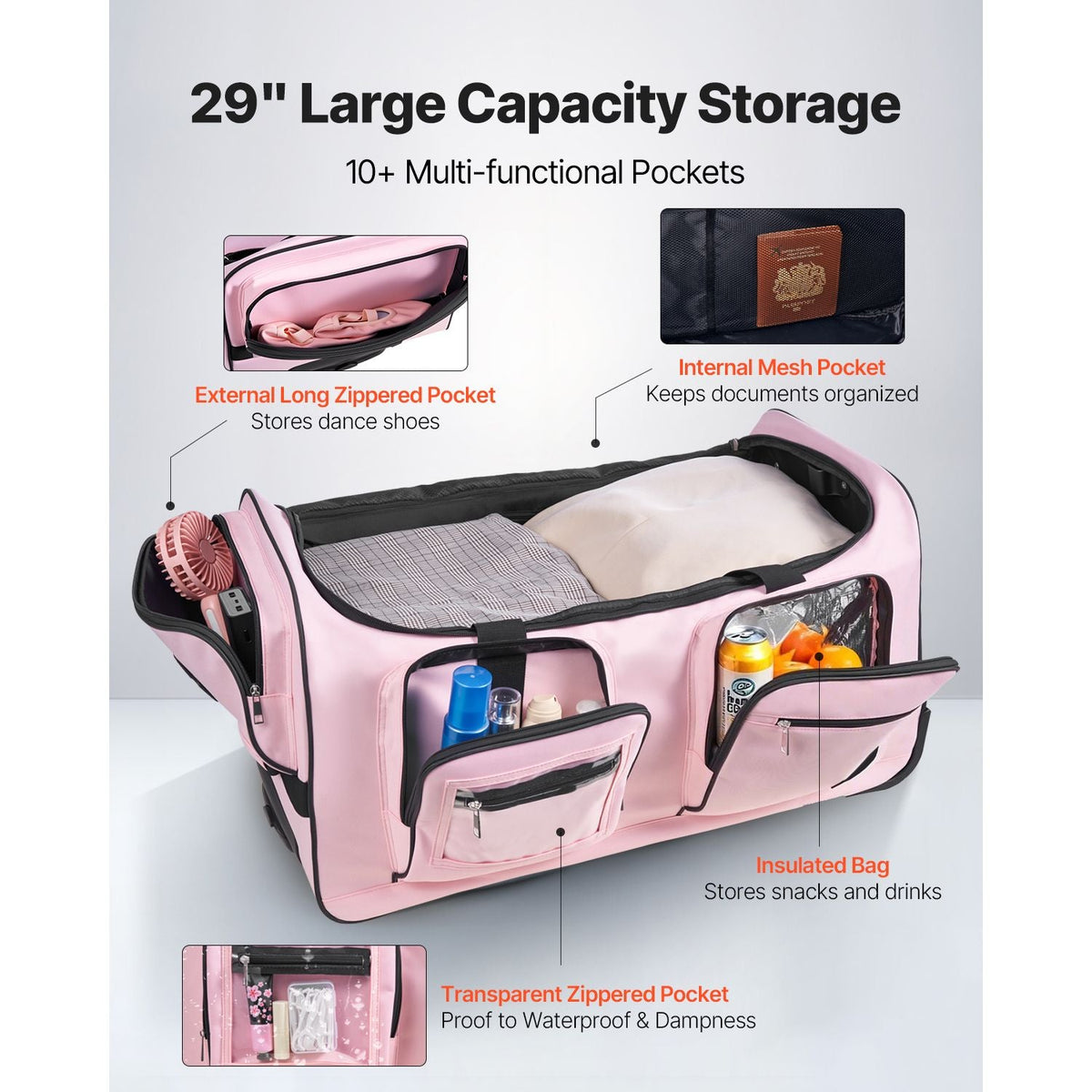Dance Bag with Garment Rack, 29 Inch Rolling Dance Duffel, with Wheels, Height Adjustable Clothes Rack, USB Port, Privacy Protection Curtain, Ideal for Travel and Competitions, Matte Pink