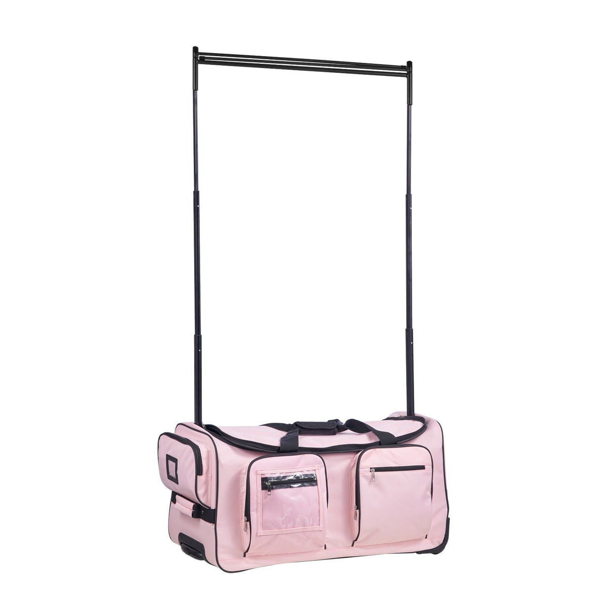 Dance Bag with Garment Rack, 29 Inch Rolling Dance Duffel, with Wheels, USB Port, Height Adjustable Clothes Rack, Privacy Protection Curtain, Ideal for Travel and Competitions, Matte Pink
