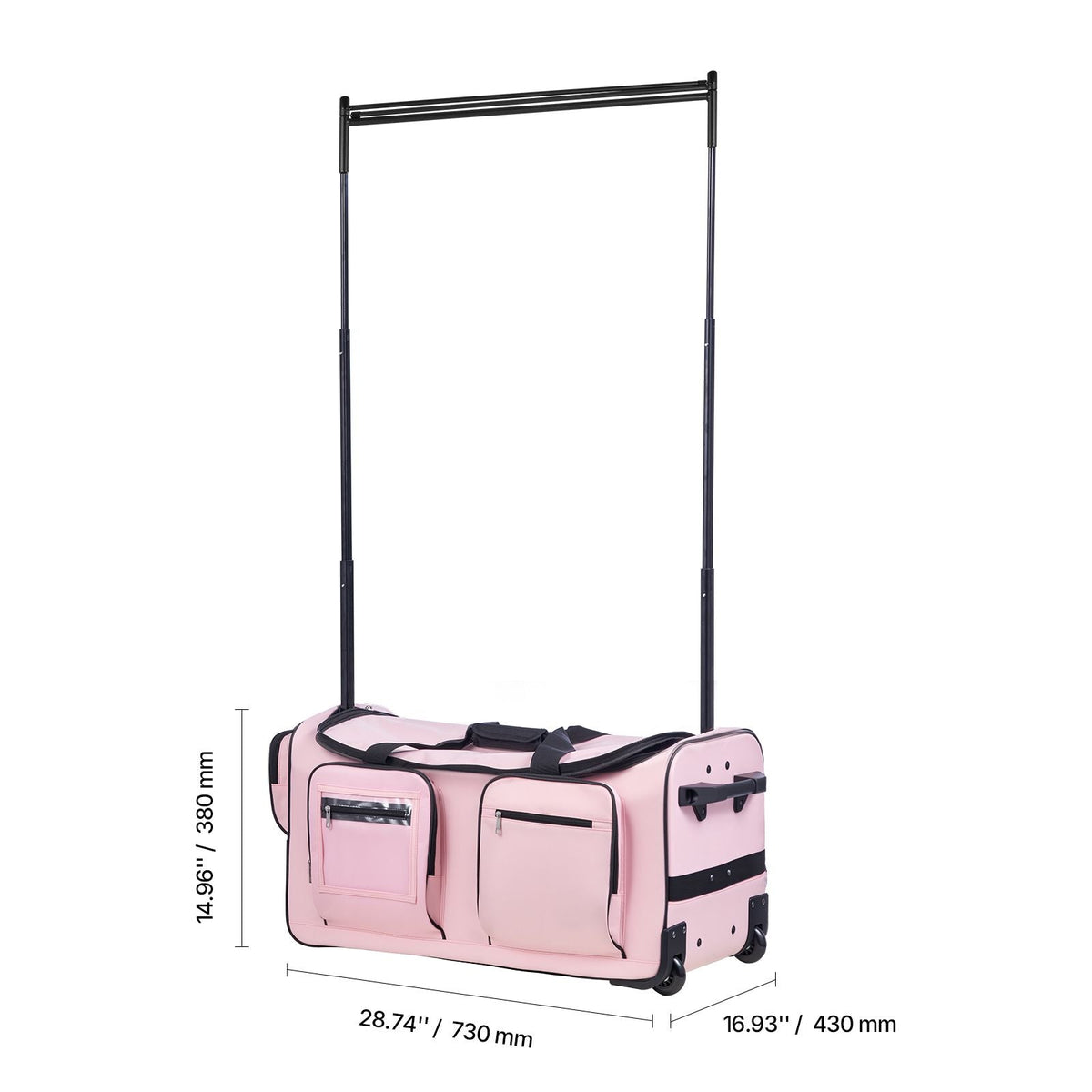 Dance Bag with Garment Rack, 29 Inch Rolling Dance Duffel, with Wheels, USB Port, Height Adjustable Clothes Rack, Privacy Protection Curtain, Ideal for Travel and Competitions, Matte Pink
