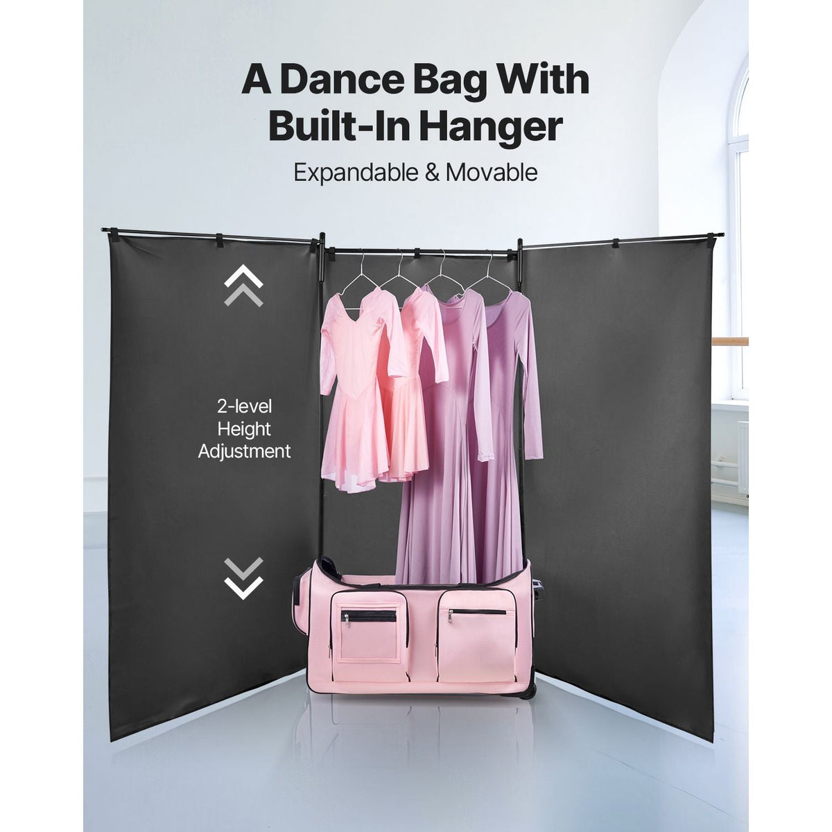 Dance Bag with Garment Rack, 29 Inch Rolling Dance Duffel, with Wheels, USB Port, Height Adjustable Clothes Rack, Privacy Protection Curtain, Ideal for Travel and Competitions, Matte Pink