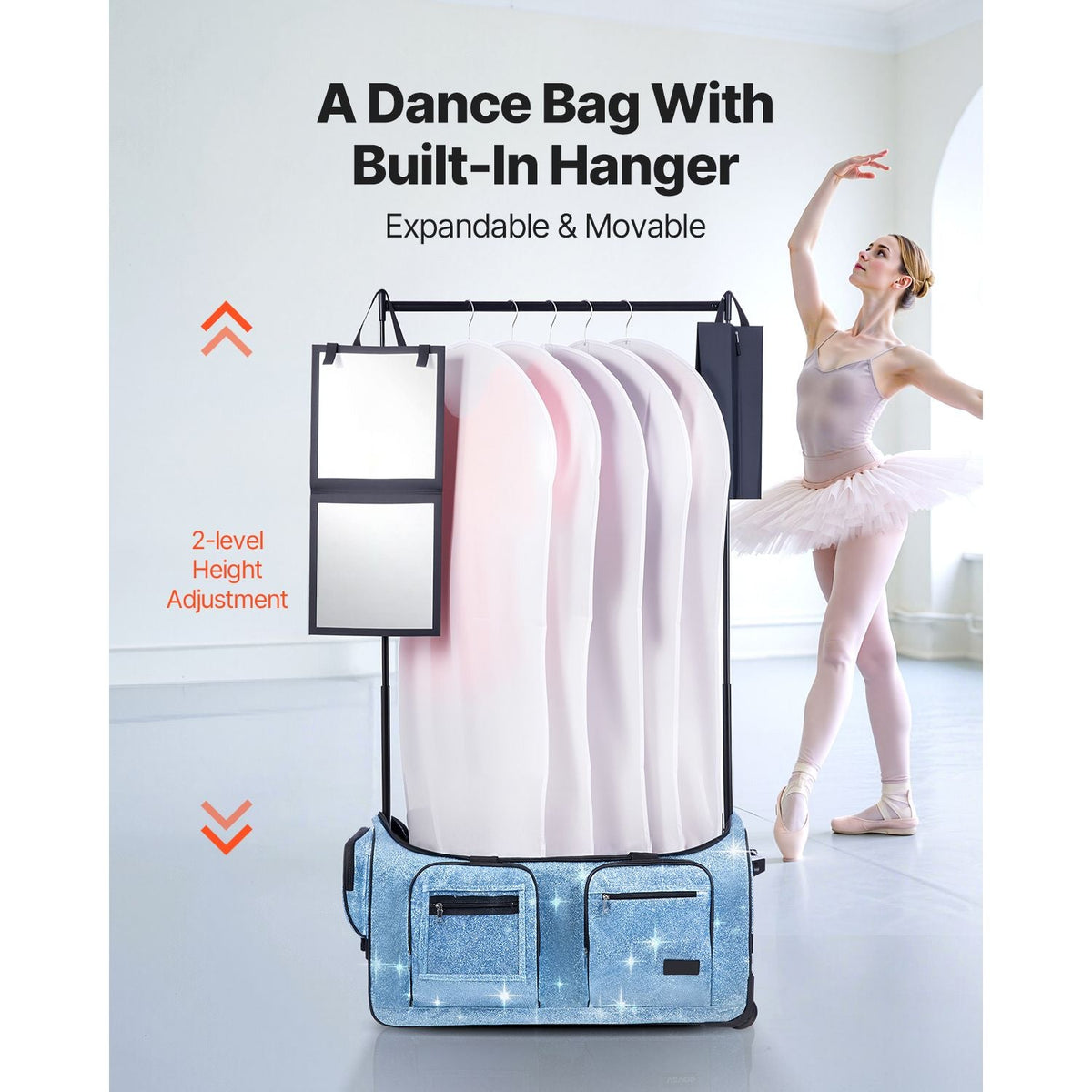 Dance Bag with Garment Rack, 29 Inch Rolling Dance Duffel, with Wheels, USB Port, Height Adjustable Clothes Rack, Privacy Protection Curtain, Ideal for Travel and Competitions, Sparkling Blue