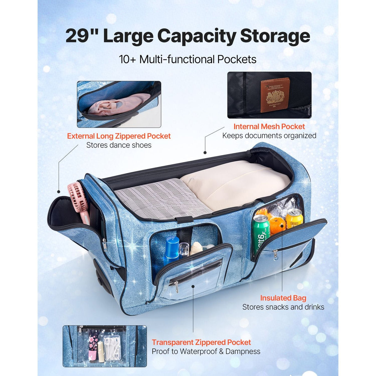 Dance Bag with Garment Rack, 29 Inch Rolling Dance Duffel, with Wheels, USB Port, Height Adjustable Clothes Rack, Privacy Protection Curtain, Ideal for Travel and Competitions, Sparkling Blue