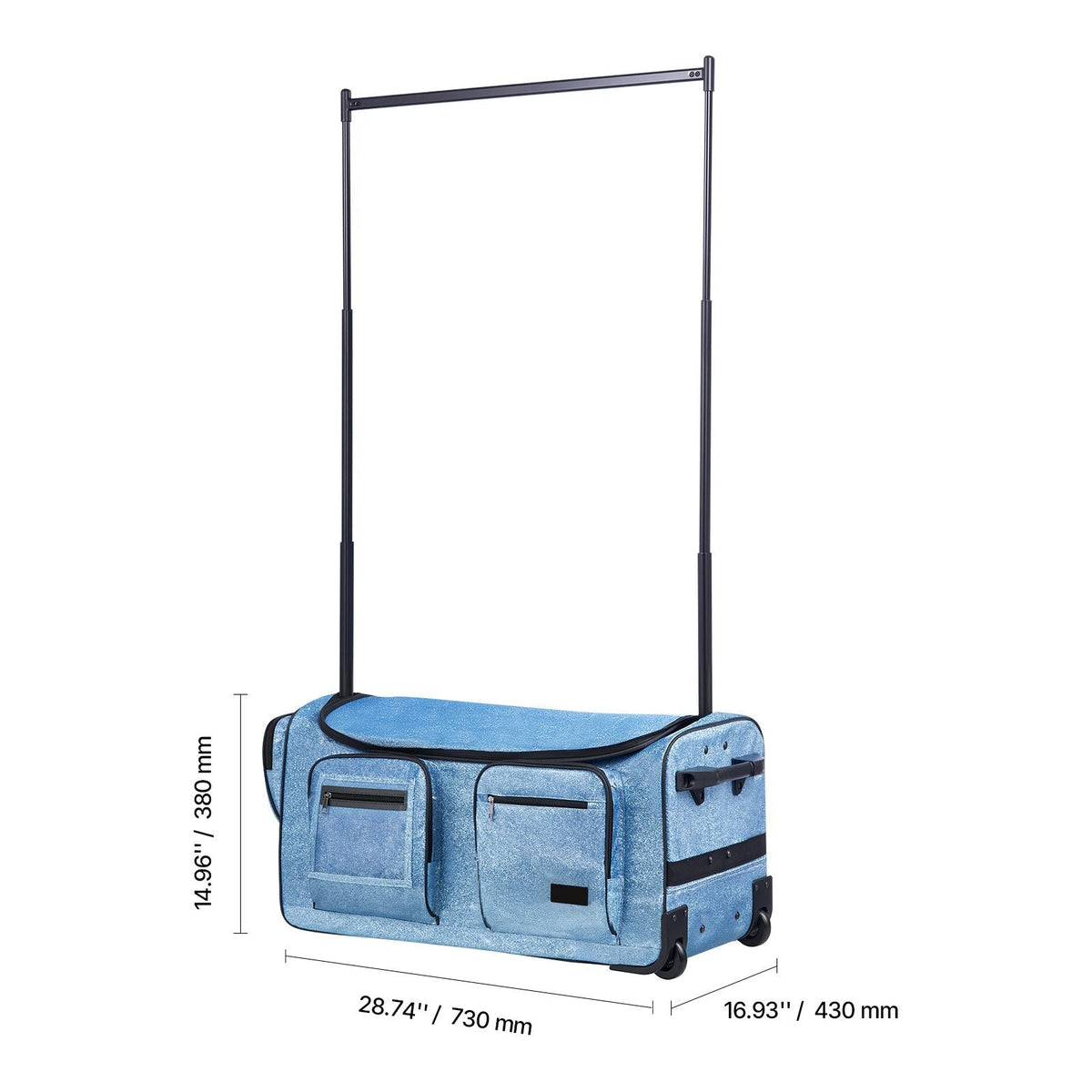 Dance Bag with Garment Rack, 29 Inch Rolling Dance Duffel, with Wheels, USB Port, Height Adjustable Clothes Rack, Privacy Protection Curtain, Ideal for Travel and Competitions, Sparkling Blue