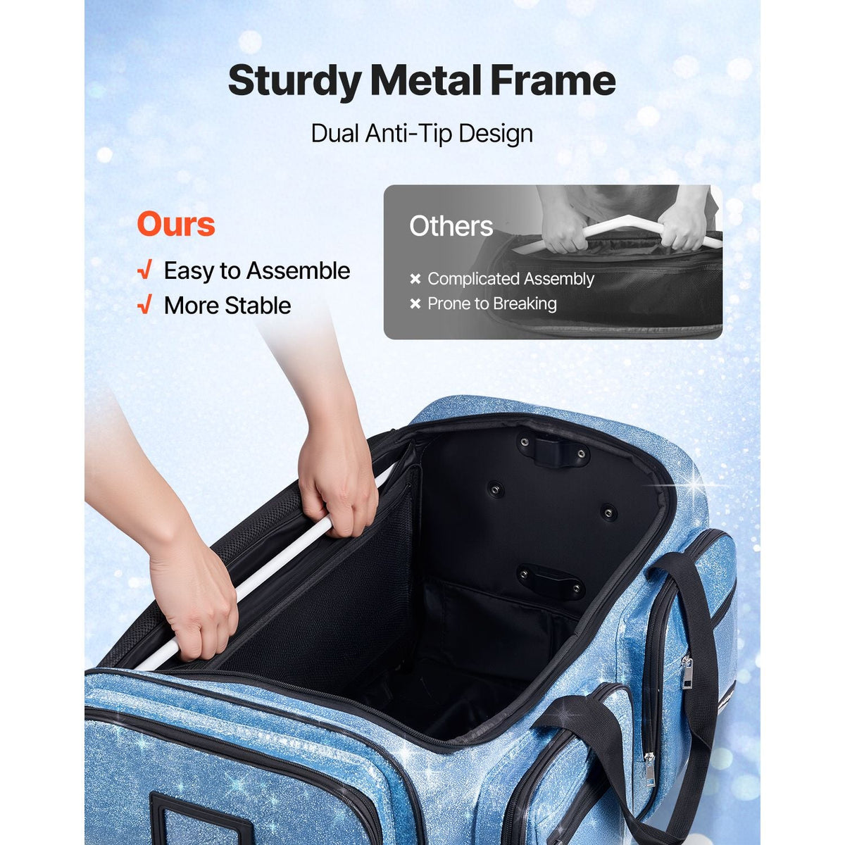 Dance Bag with Garment Rack, 29 Inch Rolling Dance Duffel, with Wheels, USB Port, Height Adjustable Clothes Rack, Privacy Protection Curtain, Ideal for Travel and Competitions, Sparkling Blue