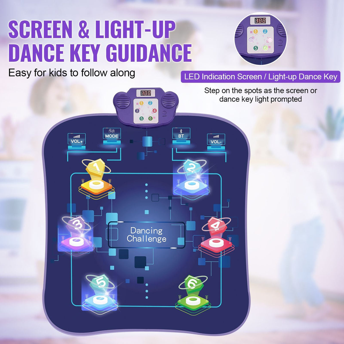 Dance Mat, 6-Button Dance Mixer Rhythm Step Play Mat, Electronic Dance Pad with Wireless Bluetooth, LED Lights, 5 Game Modes, Adjustable Volume, Built-in Music, Toys Gifts for 3+ Year Old Girls