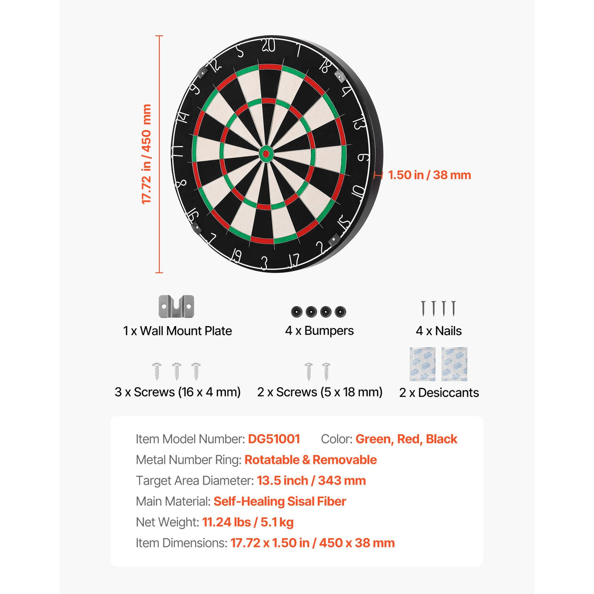 Dart Board, High-Grade Self-Healing Sisal Fiber Dartboard with Staple-Free Bullseye, Blade Wire & Rotating Number Ring, 17.7" Professional Dartboard for Home Party Game Room (Darts Not Included)