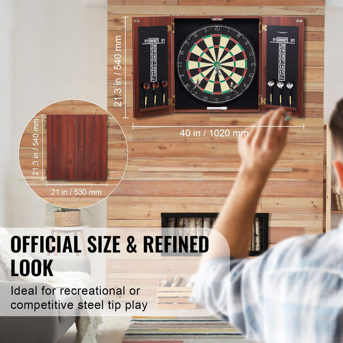 Dartboard and Cabinet Set, Ready-to-Play Bundle Official Size Dartboard Cabinet, Steel Tip Dart Hideaway Cabinet, Features Easy Assembly, Complete with All Accessories, Perfect for Cricket Games