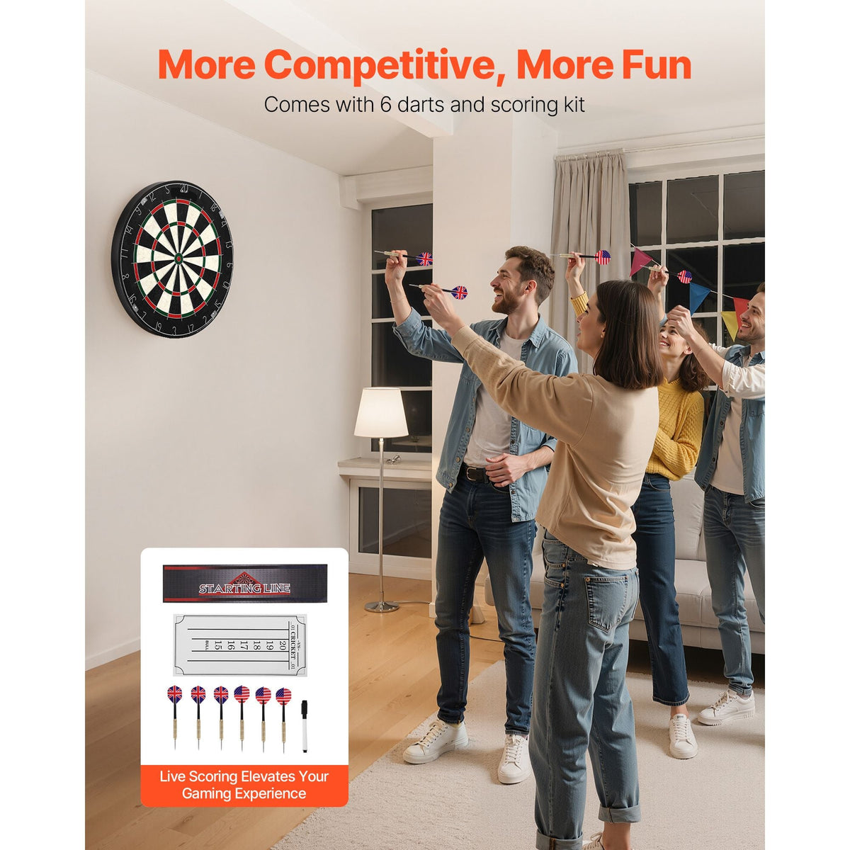 Dartboard with 6 Darts & Scoring Kit, Self-Healing Sisal Fibers Dartboard with Staple-Free Bullseye & Rotating Number Ring, 17.7" Professional Steel Tip Dart Board Set for Home Party Game Rooms