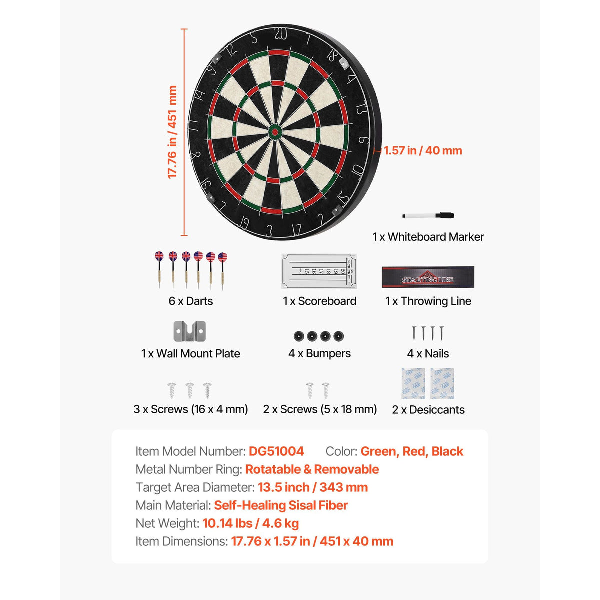 Dartboard with 6 Darts & Scoring Kit, Self-Healing Sisal Fibers Dartboard with Staple-Free Bullseye & Rotating Number Ring, 17.7" Professional Steel Tip Dart Board Set for Home Party Game Rooms