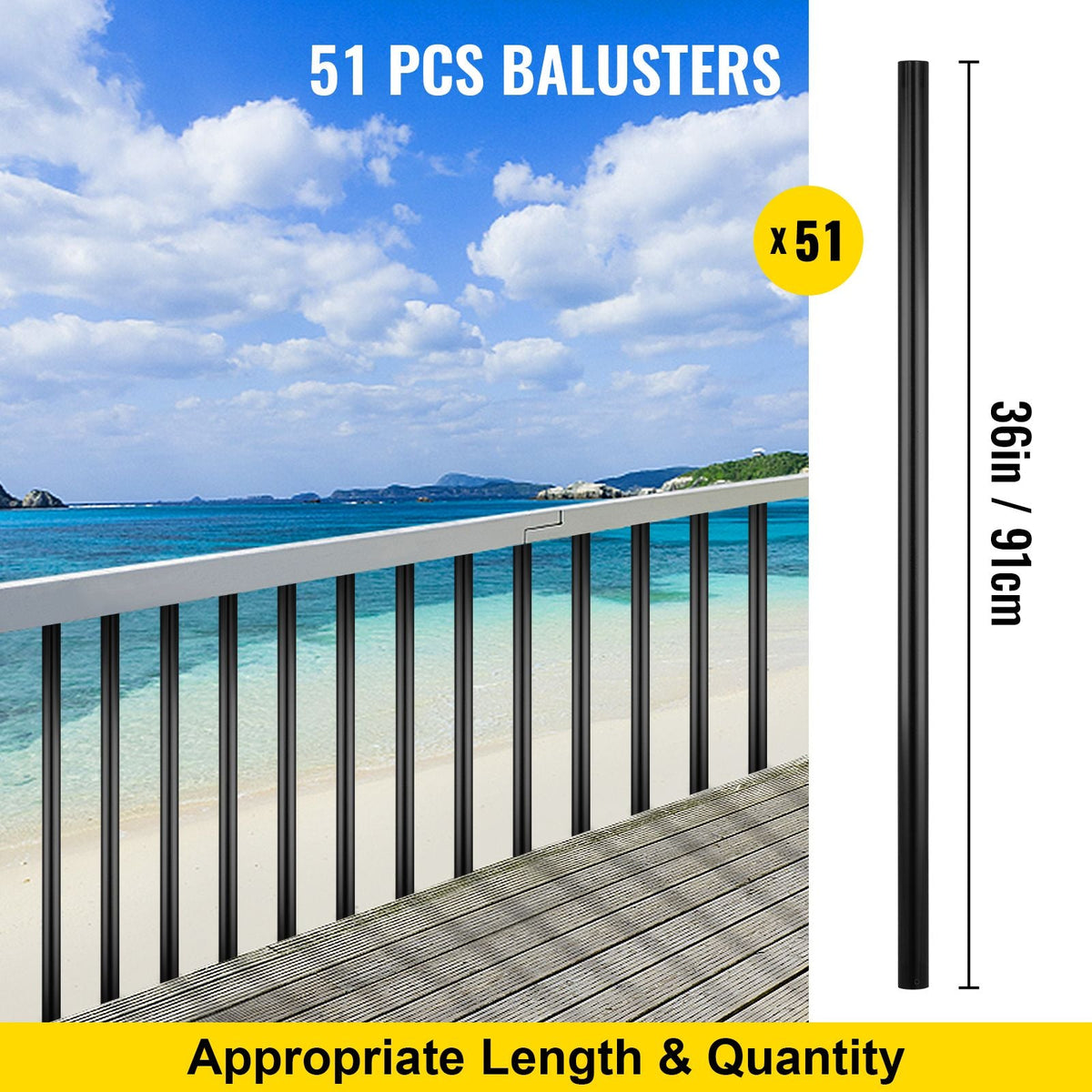 Deck Balusters, 51 Pack Metal Deck Spindles, 36\"x0.75\" Staircase Baluster with Screws, Aluminum Alloy Deck Railing for Wood and Composite Deck, Circle Baluster for Outdoor Stair Deck Porch