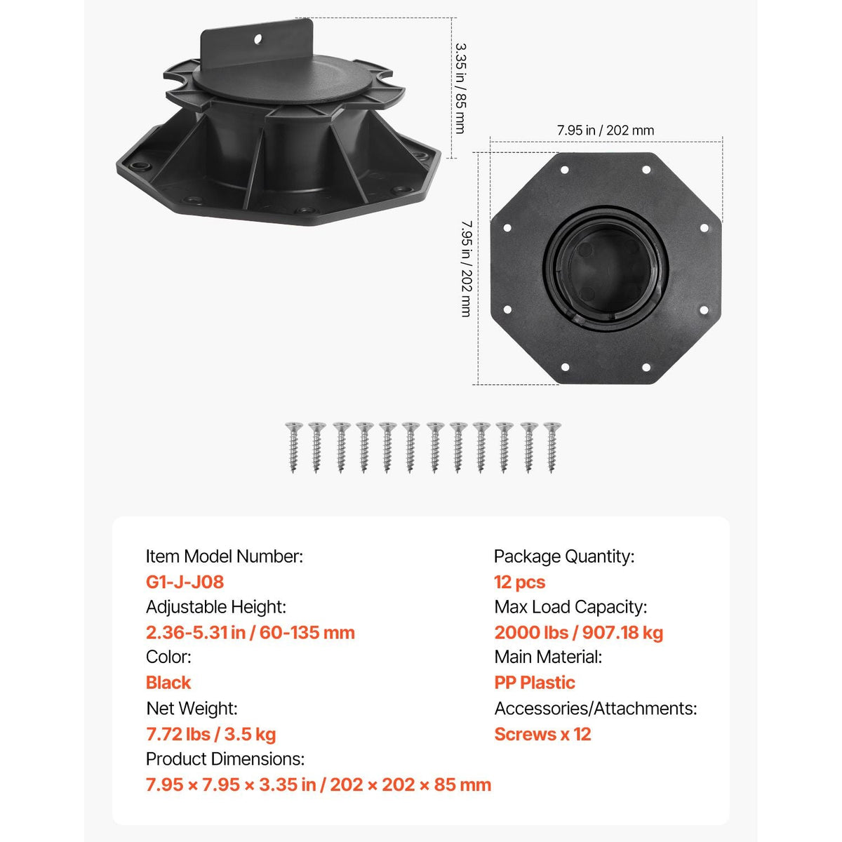 Deck Blocks 12 PCS, 2000lbs / 907.18kg Load Capacity Deck Support Plastic Pedestal Paver, Raising 2.36 - 5.31 inch / 60 - 135 mm, Height Adjustable Shed Foundation Base for Wood Concrete Metal