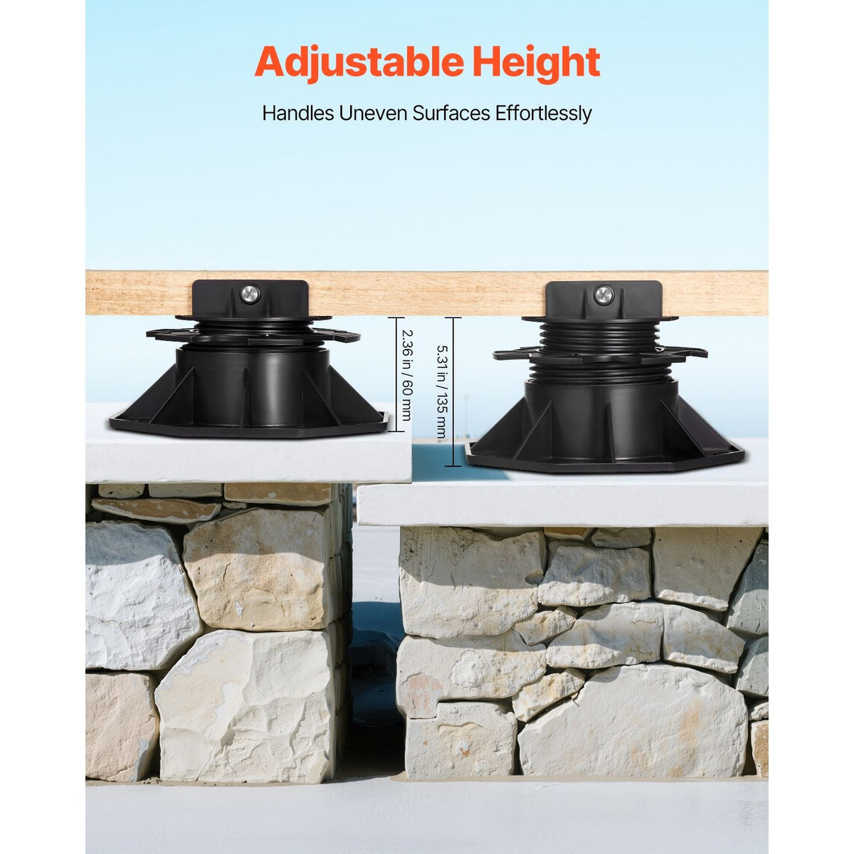 Deck Blocks 24 PCS, 2000lbs / 907.18kg Load Capacity Deck Support Plastic Pedestal Paver, Raising 2.36 - 5.31 inch / 60 - 135 mm, Height Adjustable Shed Foundation Base for Wood Concrete Metal