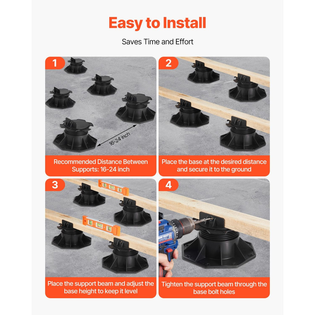 Deck Blocks 24 PCS, 2000lbs / 907.18kg Load Capacity Deck Support Plastic Pedestal Paver, Raising 2.36 - 5.31 inch / 60 - 135 mm, Height Adjustable Shed Foundation Base for Wood Concrete Metal