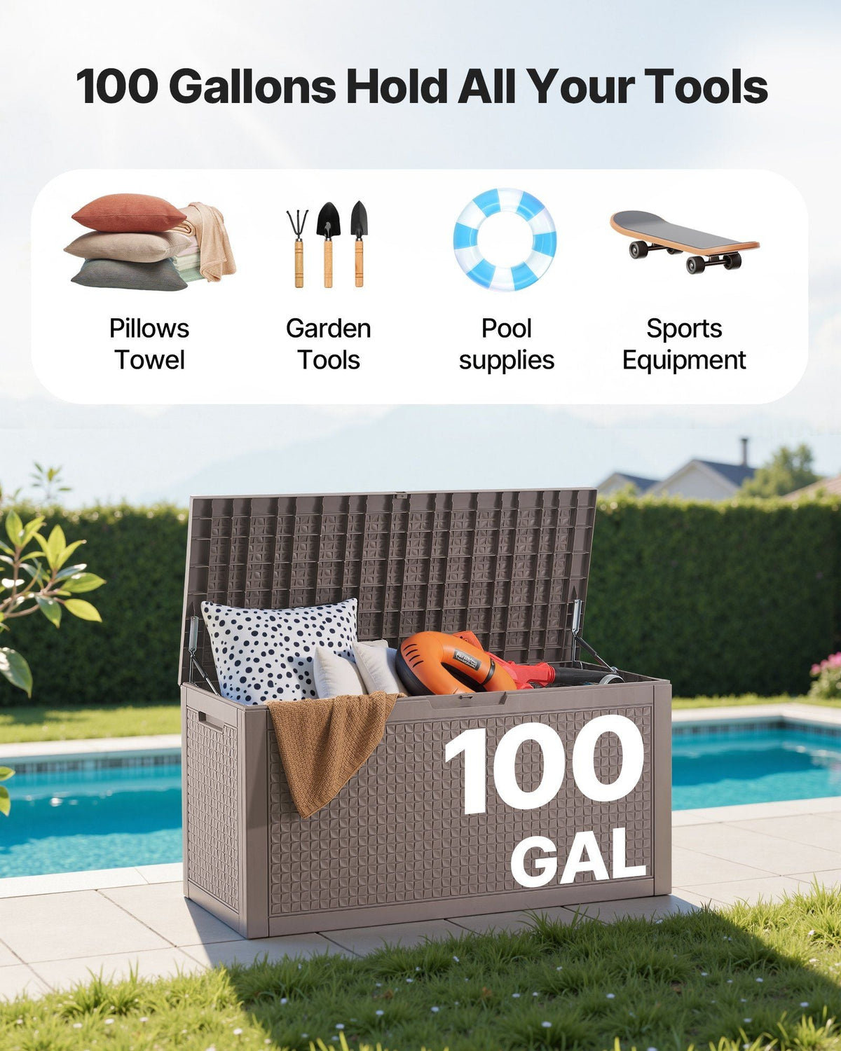Deck Box, 100 Gallon Outdoor Storage Box, 48.0" x 21.5" x 24.5", Waterproof PP Deckbox with Aluminum Alloy Padlock, for Patio Furniture, Pool Toys, Garden Tools, Outdoor Cushions, Gray