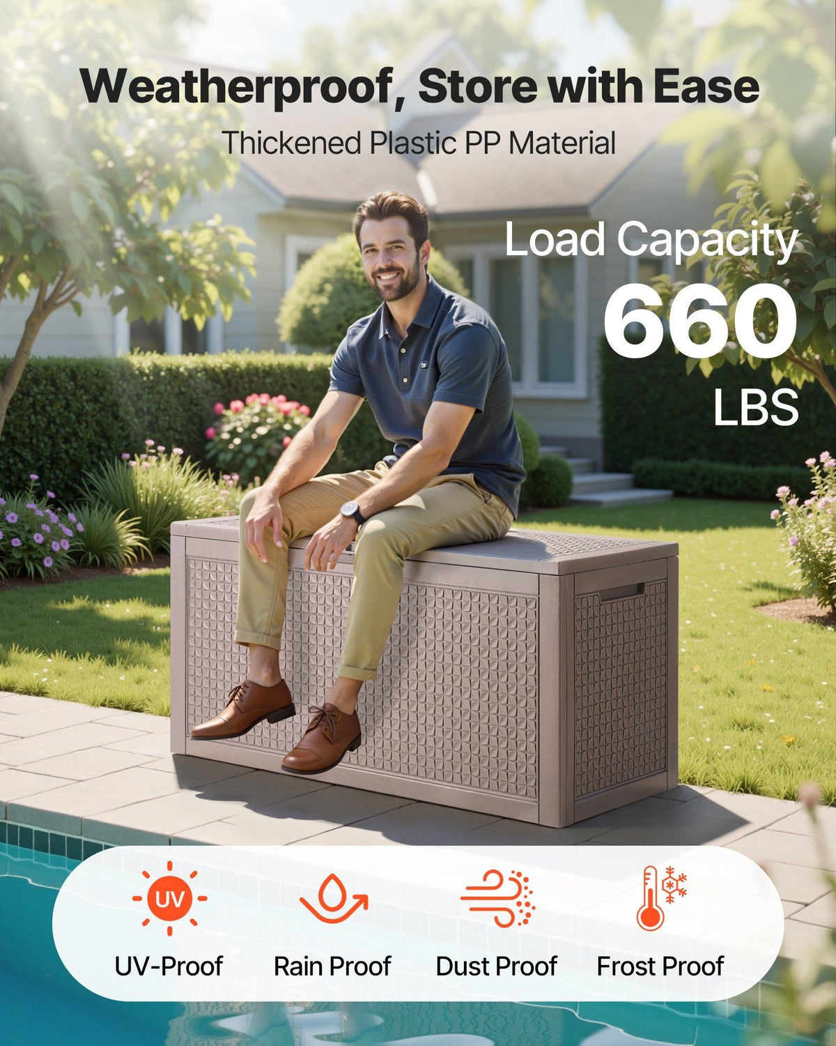 Deck Box, 100 Gallon Outdoor Storage Box, 48.0" x 21.5" x 24.5", Waterproof PP Deckbox with Aluminum Alloy Padlock, for Patio Furniture, Pool Toys, Garden Tools, Outdoor Cushions, Gray
