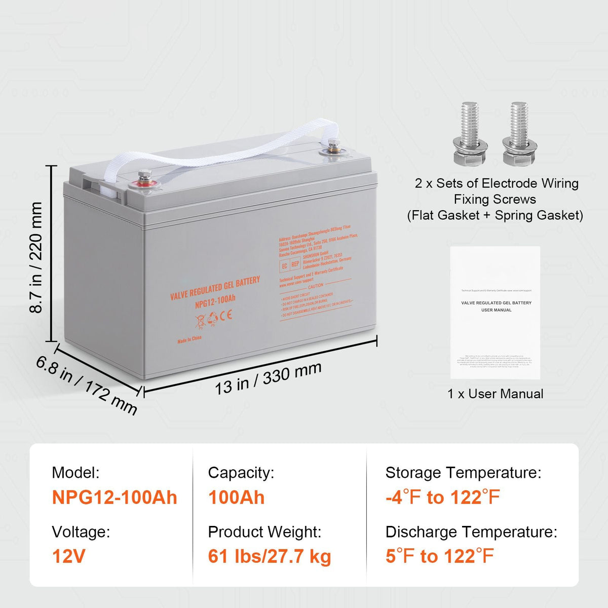 Deep Cycle Battery, 12V 100 AH, AGM Marine Rechargeable Battery, High Self-Discharge Rate 800A Current, for RV Solar Marine Off-Grid Applications UPS Backup Power System
