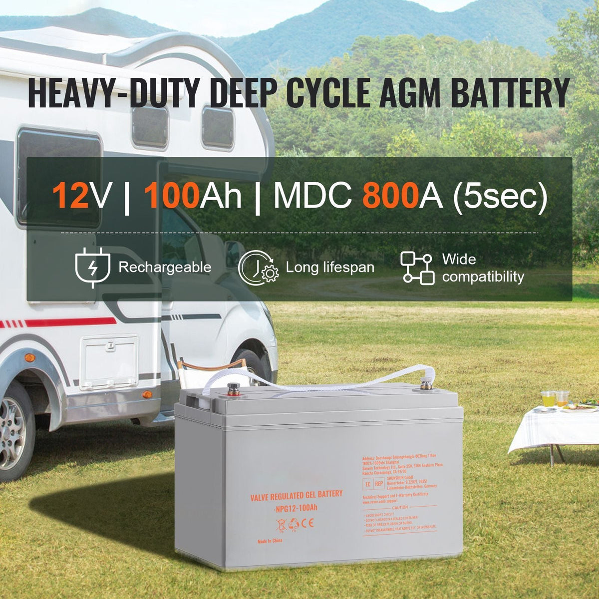 Deep Cycle Battery, 12V 100 AH, AGM Marine Rechargeable Battery, High Self-Discharge Rate 800A Current, for RV Solar Marine Off-Grid Applications UPS Backup Power System