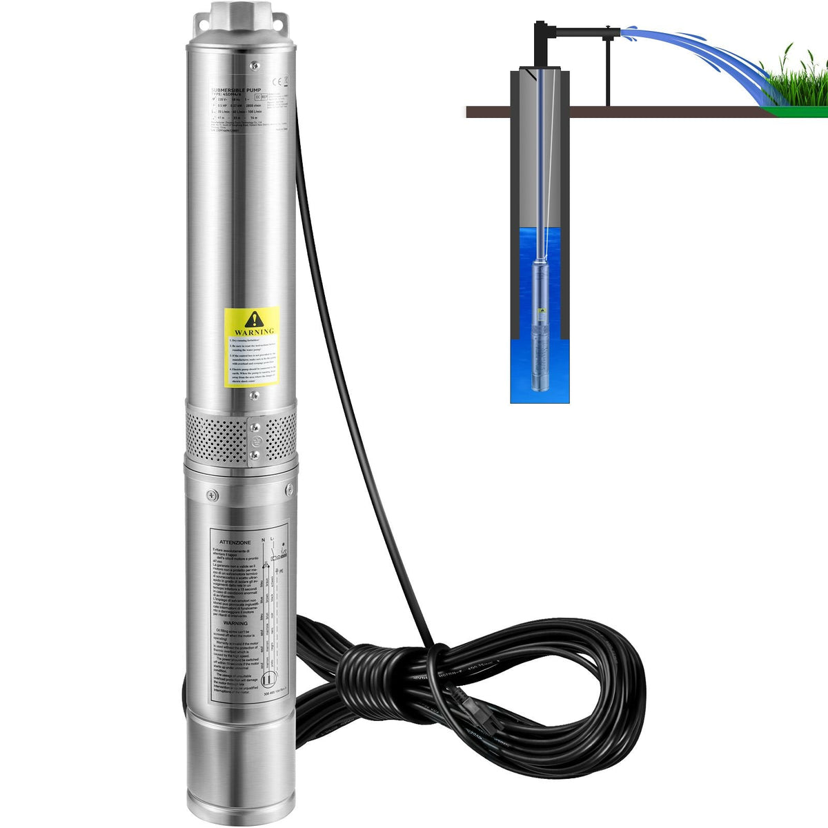 Deep Well Submersible Pump, 0.5HP 230V/60Hz, 28gpm 167ft Head, with 33ft Electric Cord, 4" Stainless Steel Water Pumps for Industrial, Irrigation and Home Use, IP68 Waterproof Grade