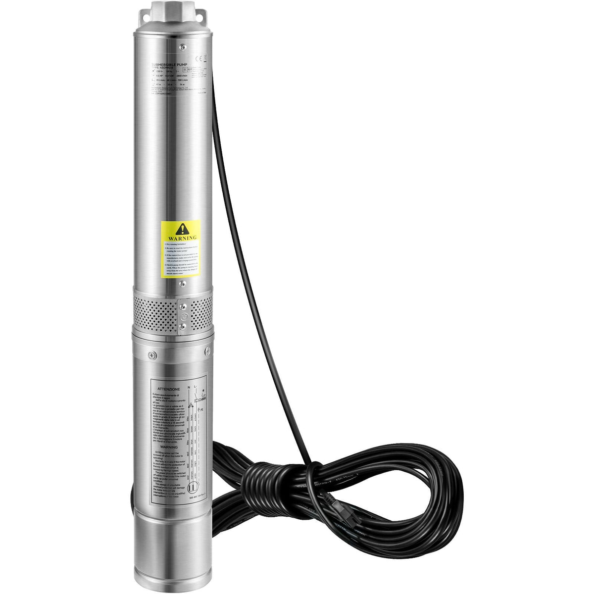 Deep Well Submersible Pump, 0.5HP 230V/60Hz, 28gpm 167ft Head, with 33ft Electric Cord, 4" Stainless Steel Water Pumps for Industrial, Irrigation and Home Use, IP68 Waterproof Grade