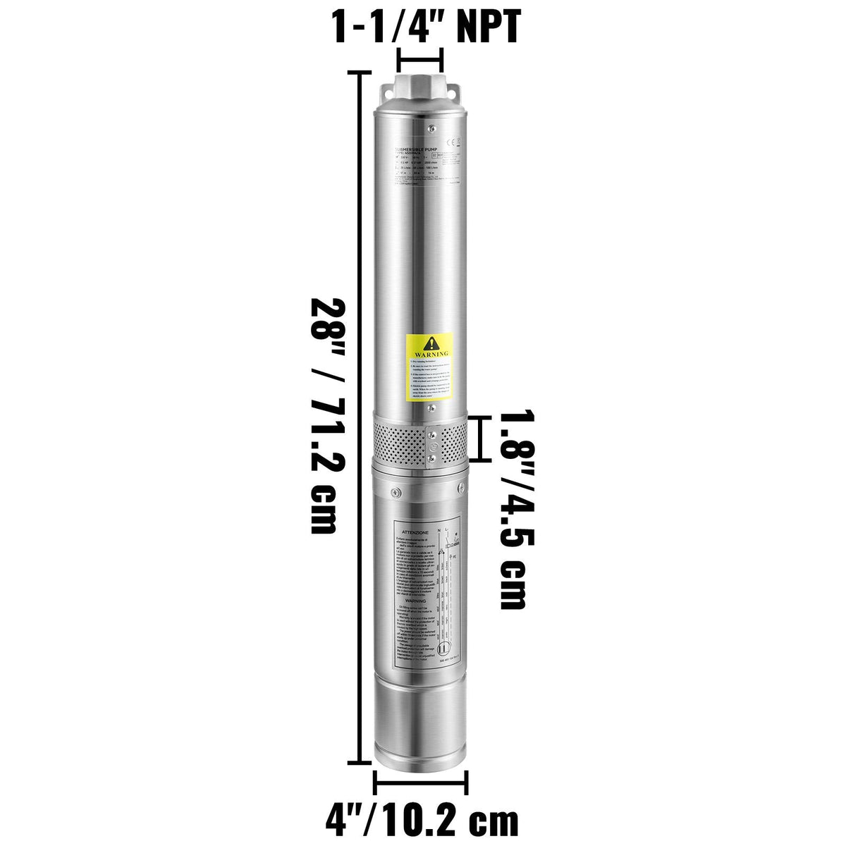 Deep Well Submersible Pump, 0.5HP 230V/60Hz, 28gpm 167ft Head, with 33ft Electric Cord, 4" Stainless Steel Water Pumps for Industrial, Irrigation and Home Use, IP68 Waterproof Grade
