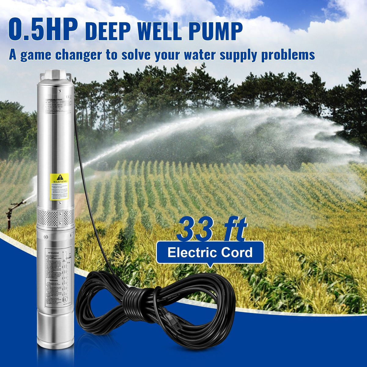 Deep Well Submersible Pump, 0.5HP 230V/60Hz, 28gpm 167ft Head, with 33ft Electric Cord, 4" Stainless Steel Water Pumps for Industrial, Irrigation and Home Use, IP68 Waterproof Grade