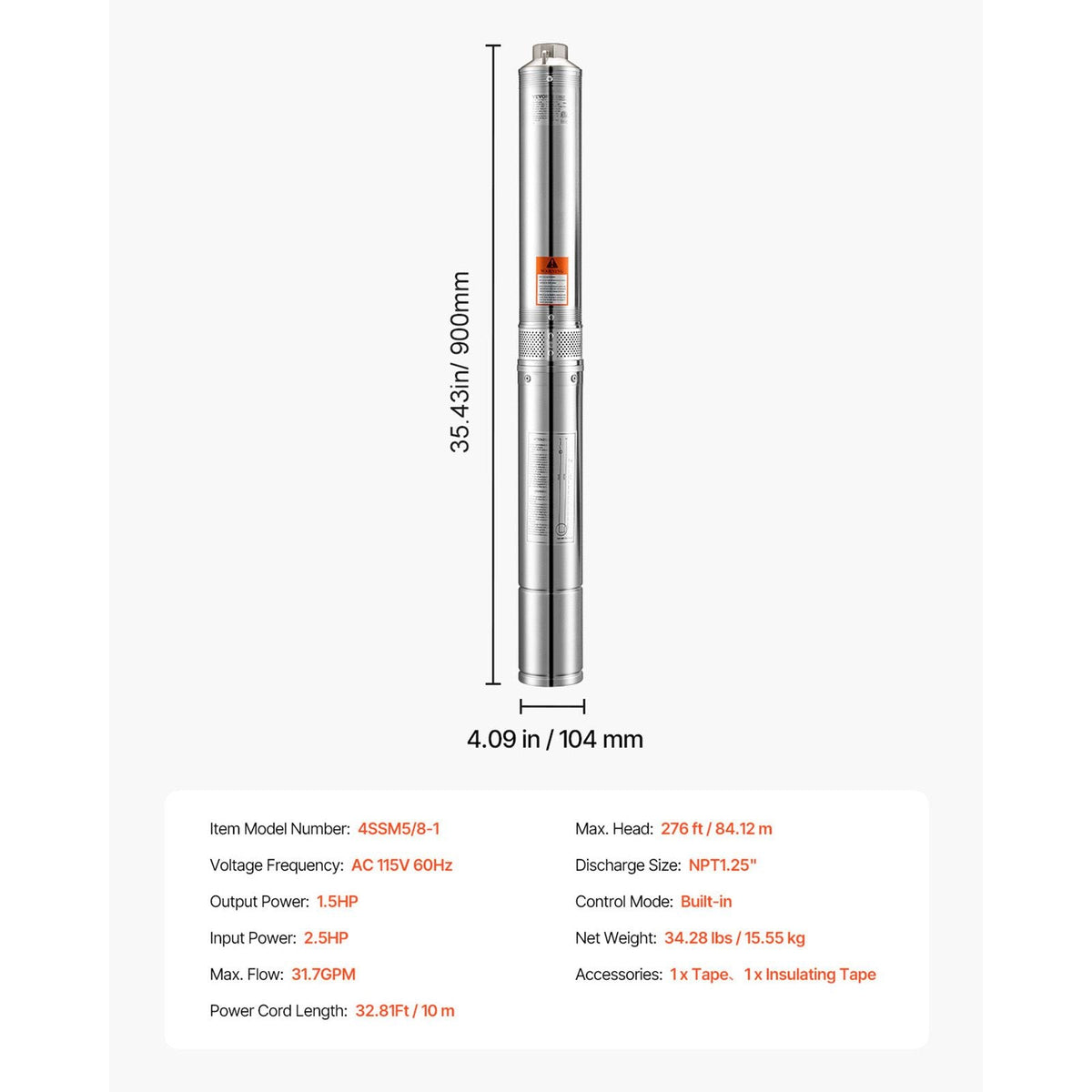Deep Well Submersible Pump, 1.5 HP Output Power, 115V, 31.7 GPM Flow 276 ft Head, with 32.81 ft Cord, Stainless Steel Water Pump, for Industrial, Irrigation, and Home Use, IP68 Waterproof Grade