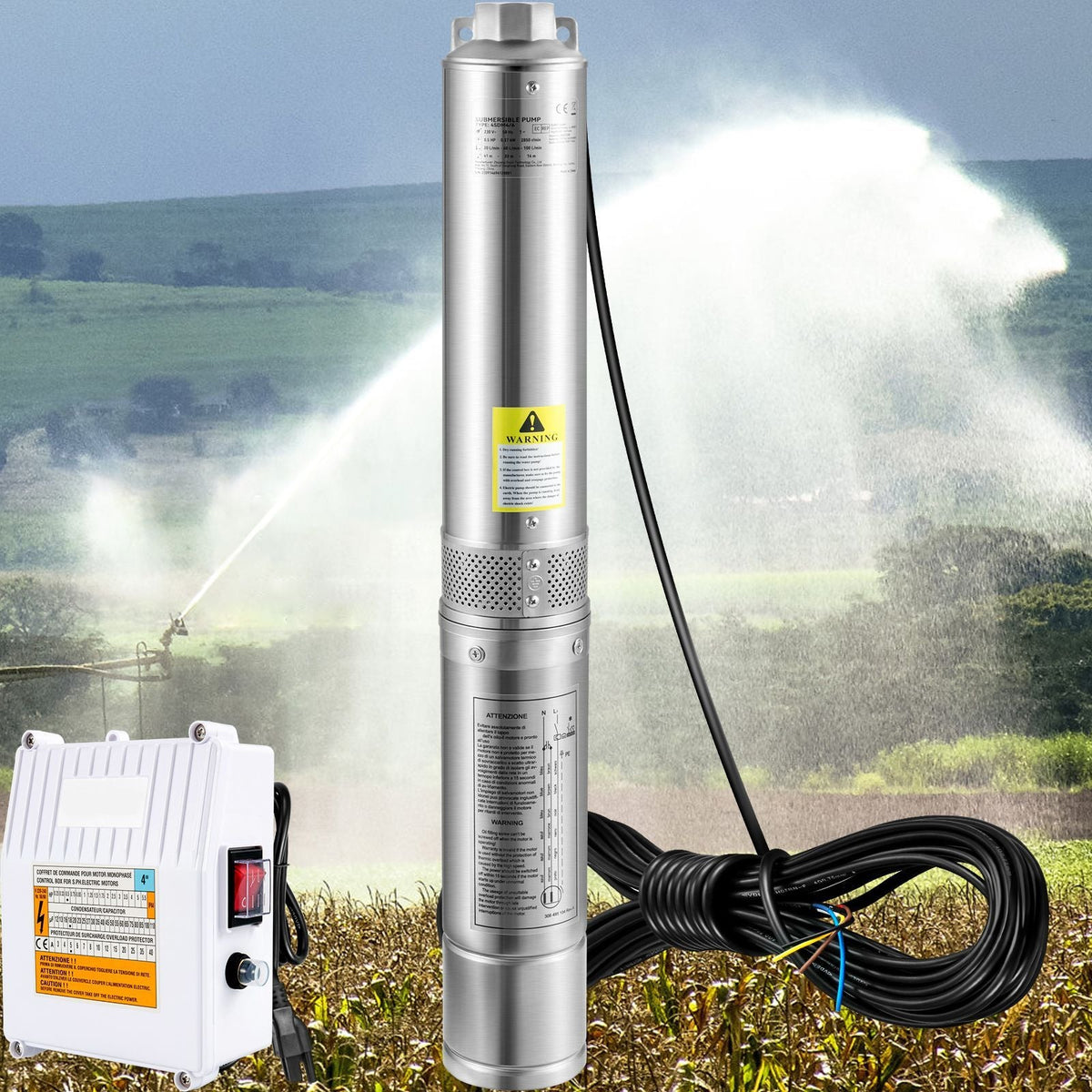 Deep Well Submersible Pump, 1.5HP 115V/60Hz, 37gpm 276ft Head, with 33ft Cord & External Control Box, 4" Stainless Steel Water Pump for Industrial, Irrigation and Home Use, IP68 Waterproof