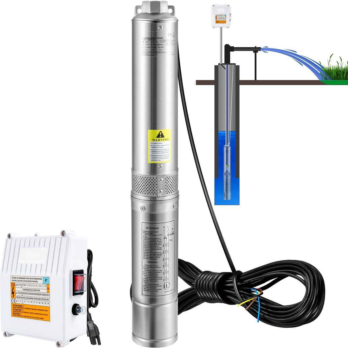 Deep Well Submersible Pump, 1.5HP 115V/60Hz, 37gpm 276ft Head, with 33ft Cord & External Control Box, 4" Stainless Steel Water Pump for Industrial, Irrigation and Home Use, IP68 Waterproof