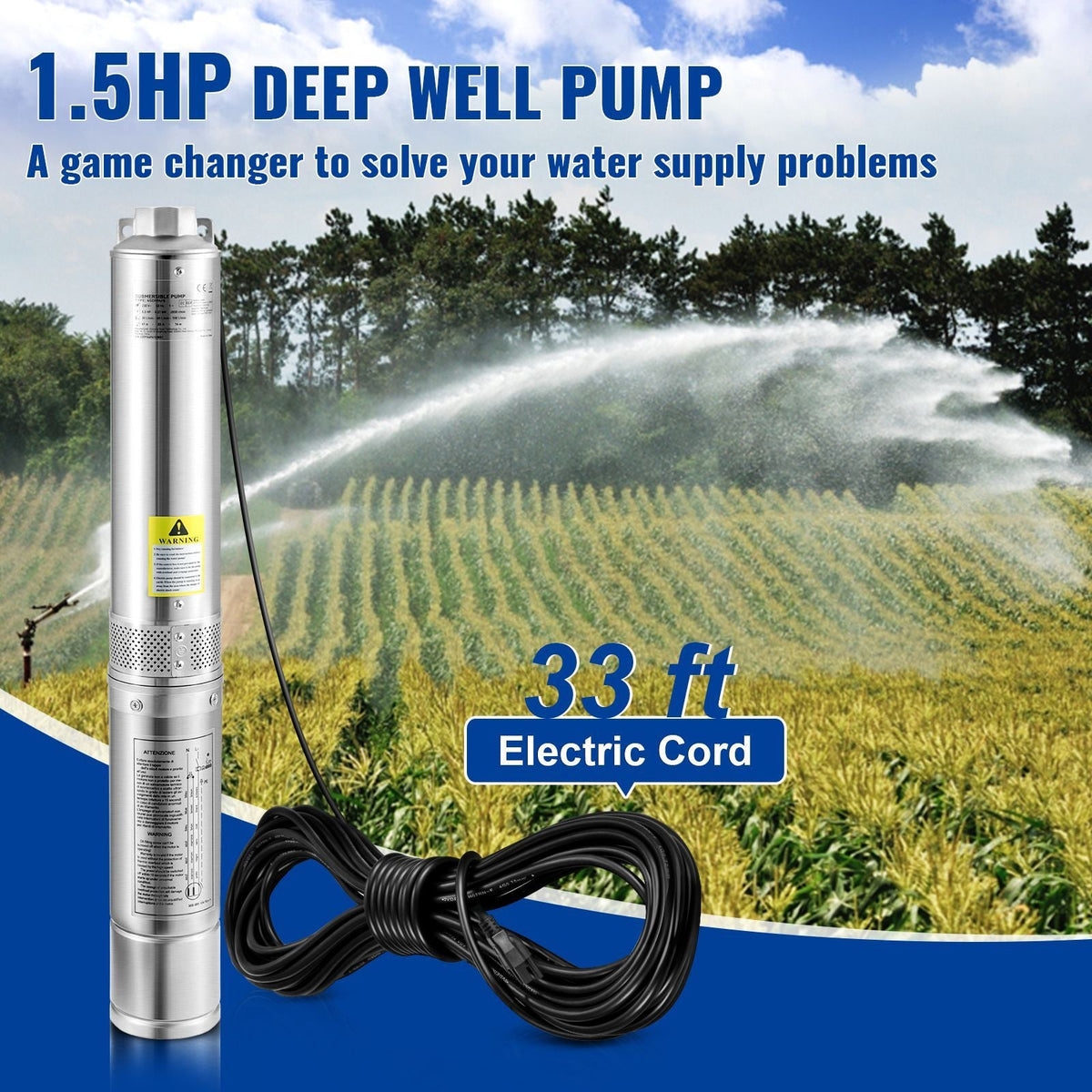Deep Well Submersible Pump, 1.5HP 230V/60Hz, 37gpm 276ft Head, with 33ft Electric Cord, 4" Stainless Steel Water Pumps for Industrial, Irrigation and Home Use, IP68 Waterproof Grade