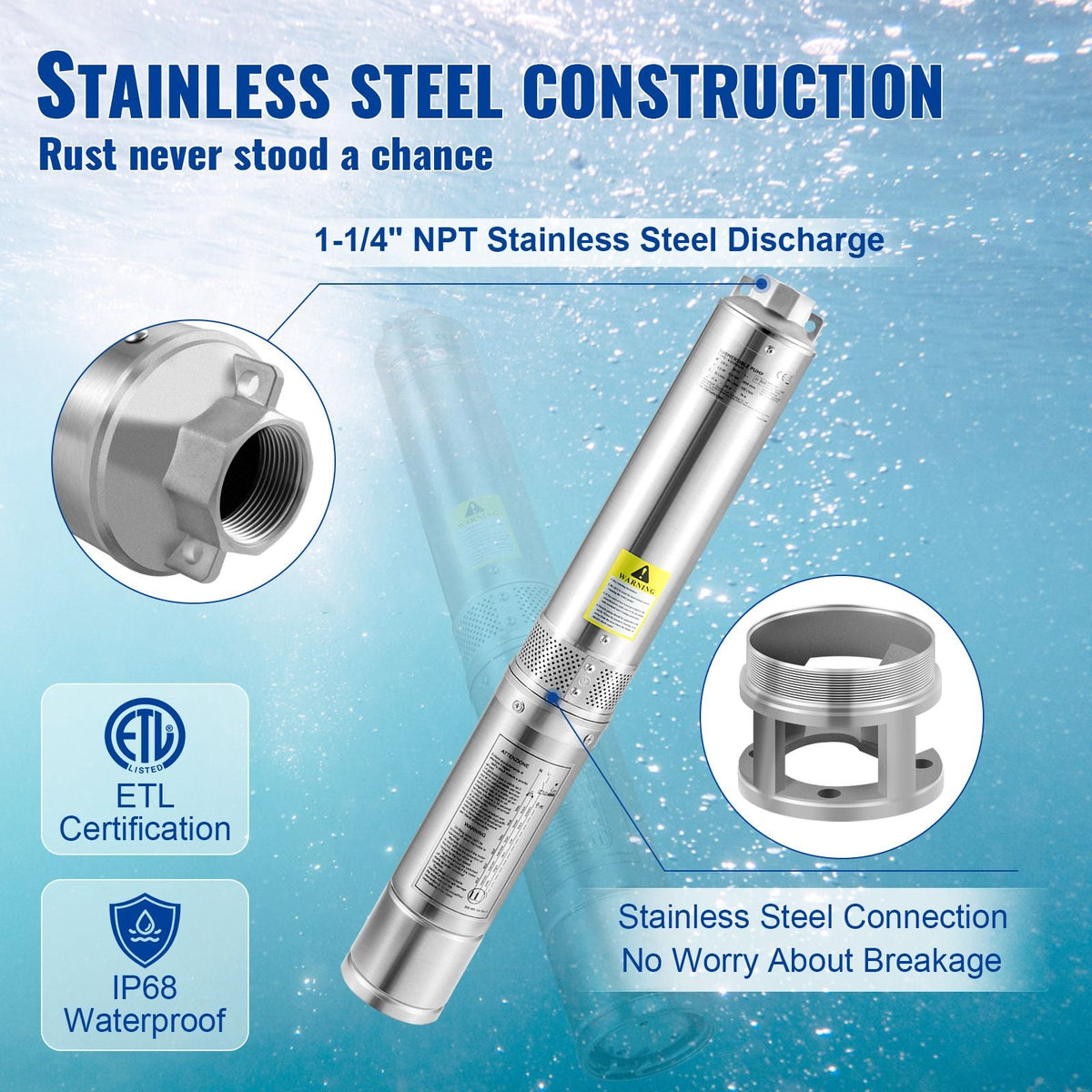 Deep Well Submersible Pump, 1HP 230V/60Hz, 37gpm Flow 207ft Head, with 33ft Electric Cord, 4" Stainless Steel Water Pump for Industrial, Irrigation&Home Use, IP68 Waterproof Grade