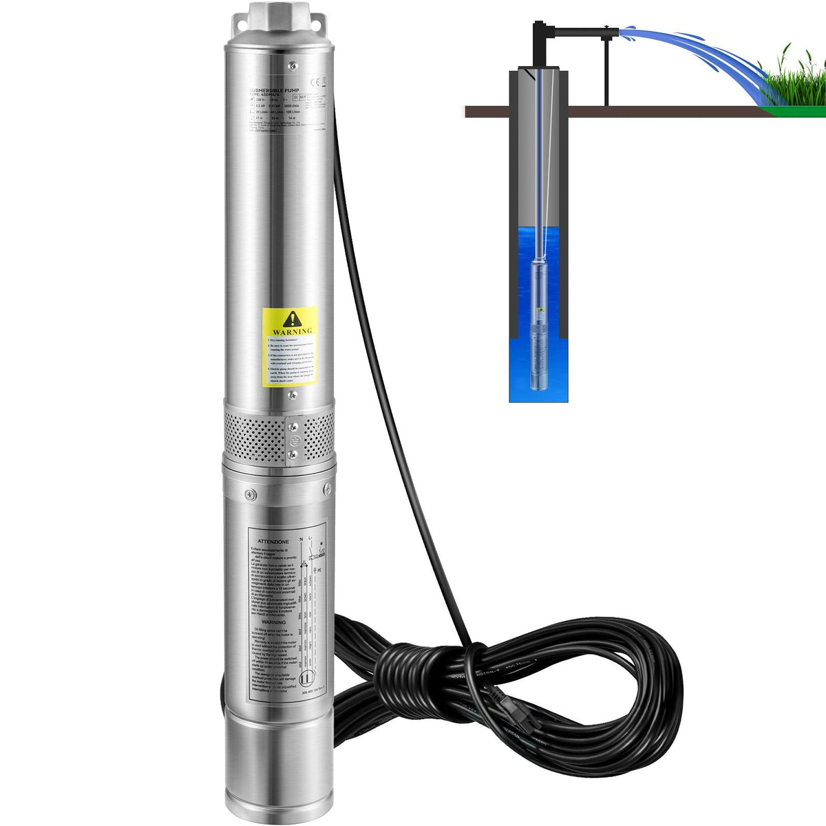 Deep Well Submersible Pump, 1HP 230V/60Hz, 37gpm Flow 207ft Head, with 33ft Electric Cord, 4" Stainless Steel Water Pump for Industrial, Irrigation&Home Use, IP68 Waterproof Grade