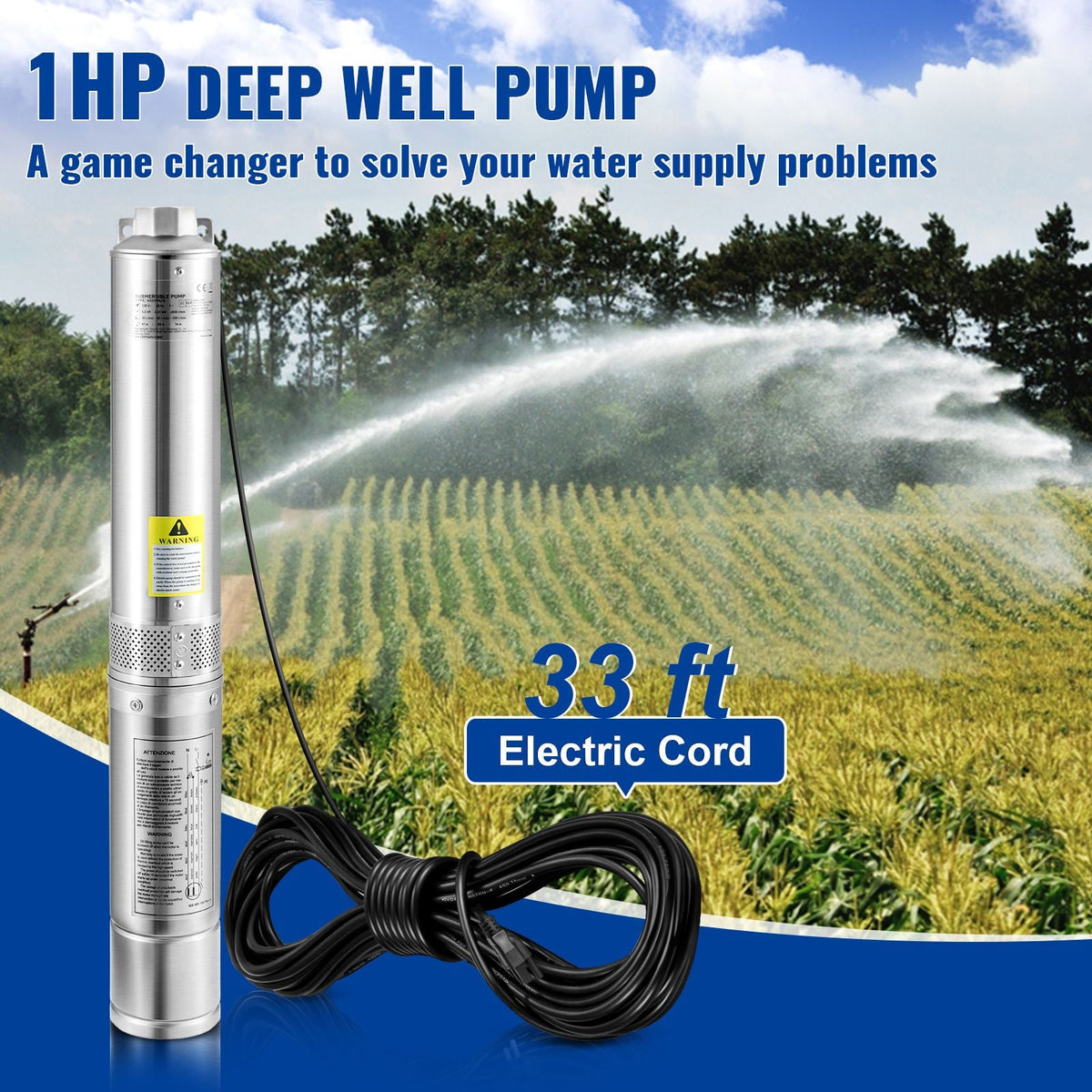 Deep Well Submersible Pump, 1HP 230V/60Hz, 37gpm Flow 207ft Head, with 33ft Electric Cord, 4" Stainless Steel Water Pump for Industrial, Irrigation&Home Use, IP68 Waterproof Grade