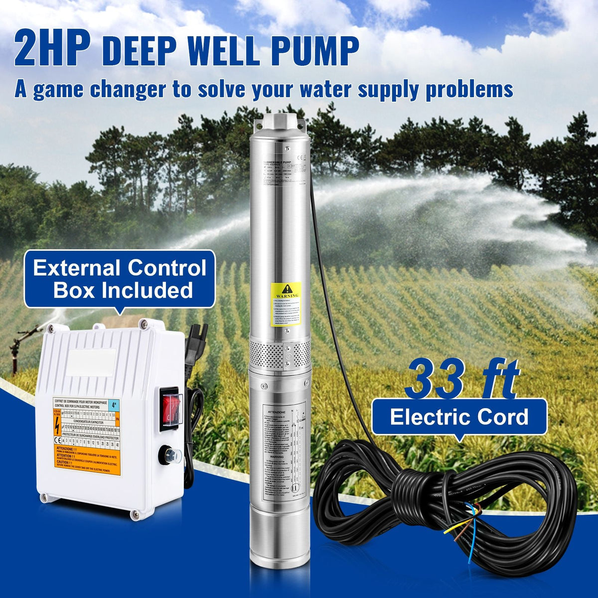 Deep Well Submersible Pump, 2HP 230V/60Hz, 37GPM 427 ft Head, with 33 ft Cord & External Control Box, 4 inch Stainless Steel Water Pumps for Industrial, Irrigation and Home Use, IP68 Waterproof