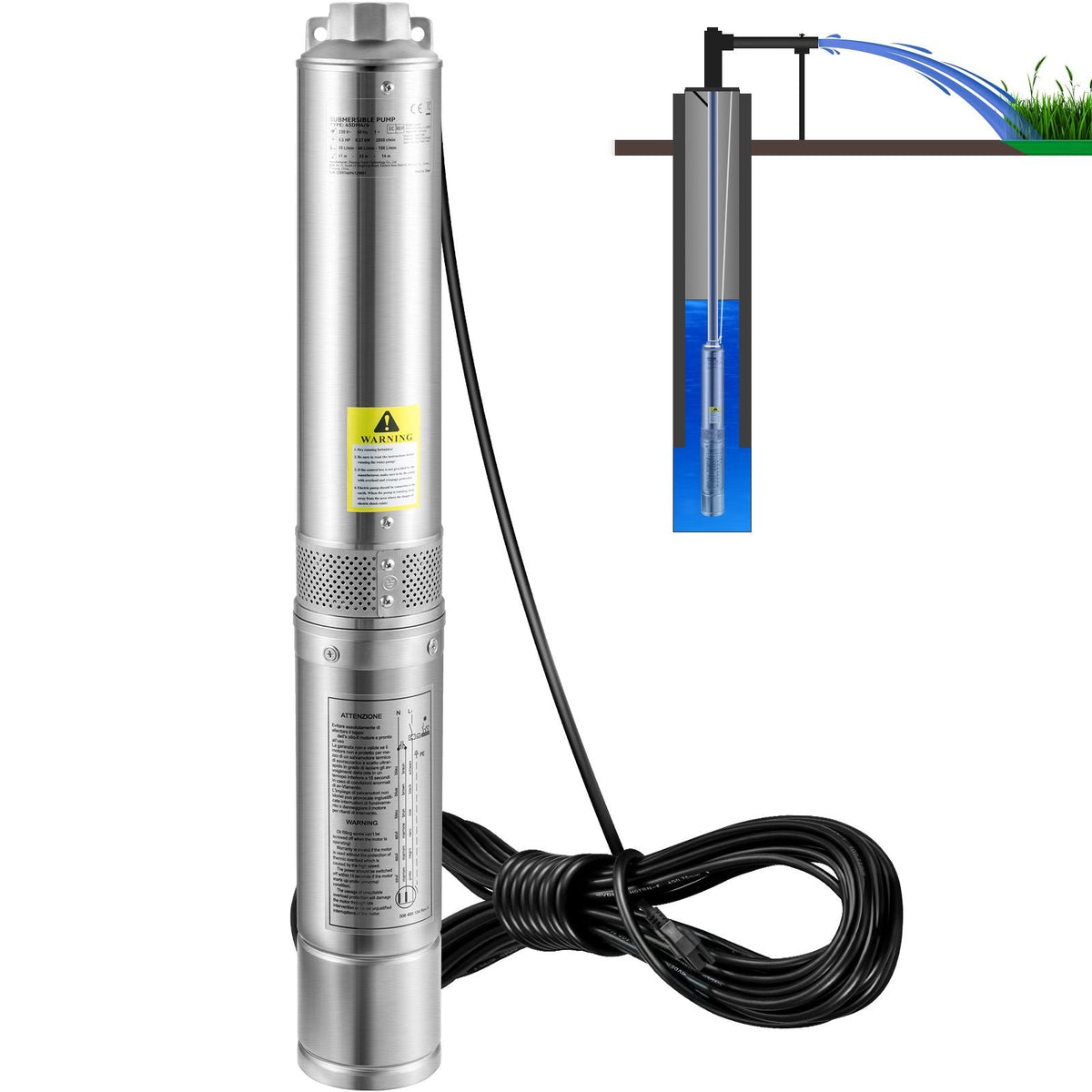 Deep Well Submersible Pump, 2HP/1500W 230V/60Hz, 37GPM Flow 427 ft Head, with 33 ft Electric Cord, 4 inch Stainless Steel Water Pumps for Industrial, Irrigation & Home Use, IP68 Waterproof Grade