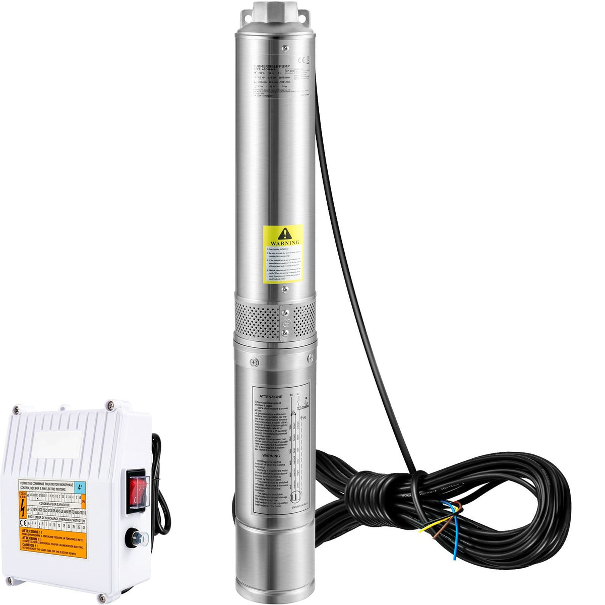 Deep Well Submersible Pump, 3HP 230V/60Hz, 37GPM 640 ft Head, with 33 ft Cord & External Control Box, 4 inch Stainless Steel Water Pumps for Industrial, Irrigation and Home Use, IP68 Waterproof