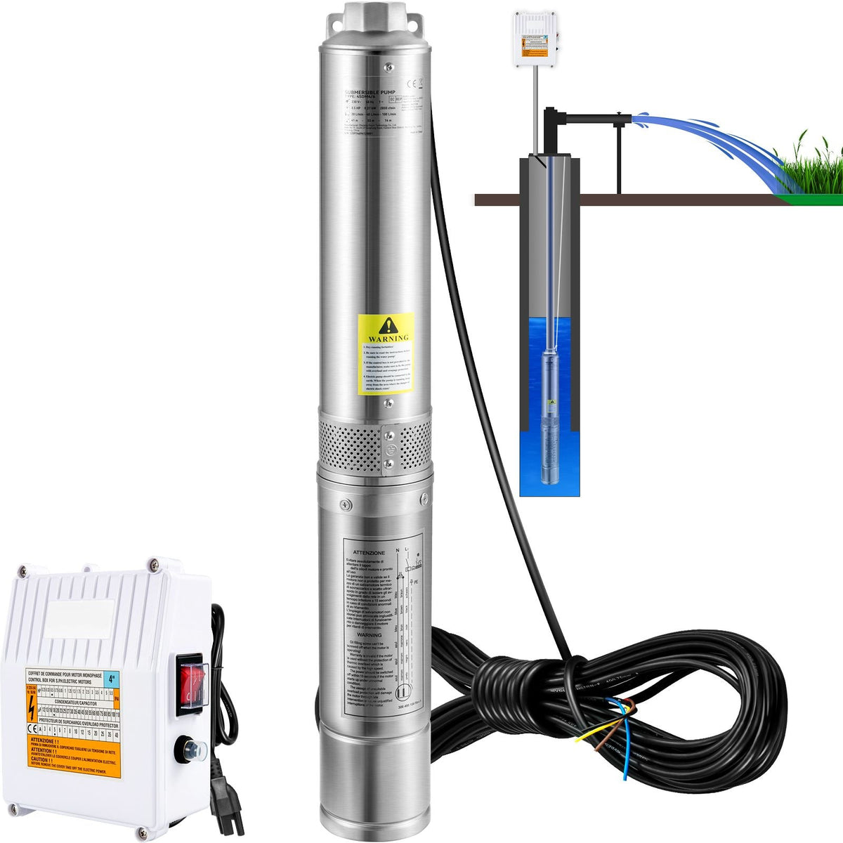 Deep Well Submersible Pump, 3HP 230V/60Hz, 37GPM 640 ft Head, with 33 ft Cord & External Control Box, 4 inch Stainless Steel Water Pumps for Industrial, Irrigation and Home Use, IP68 Waterproof
